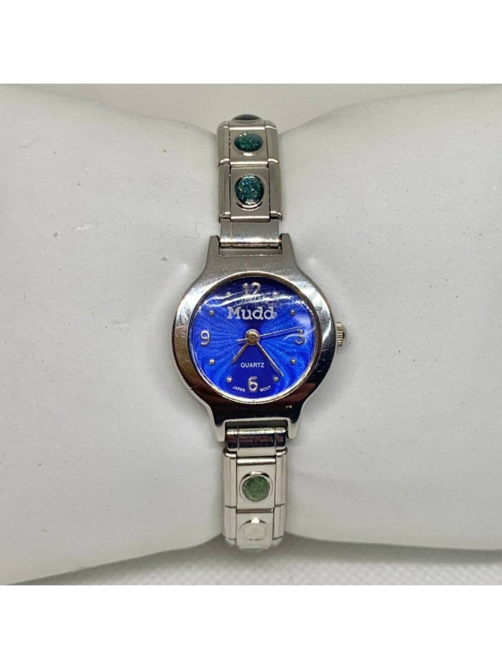 Mudd women’s watch blue dial silver tone quartz green stones 6.75” running
